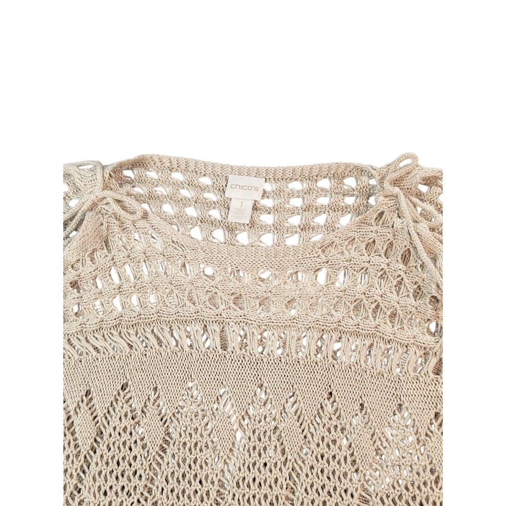 Chico's Open Knit Sweater Sz 1 Cold Shoulder Tassel Boho Hipster Summer Top Boho - Picture 7 of 8